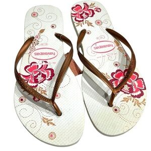 NWT Havaianas Metallic Slim Strap Floral Print Flip Flop Sandals SZ 11